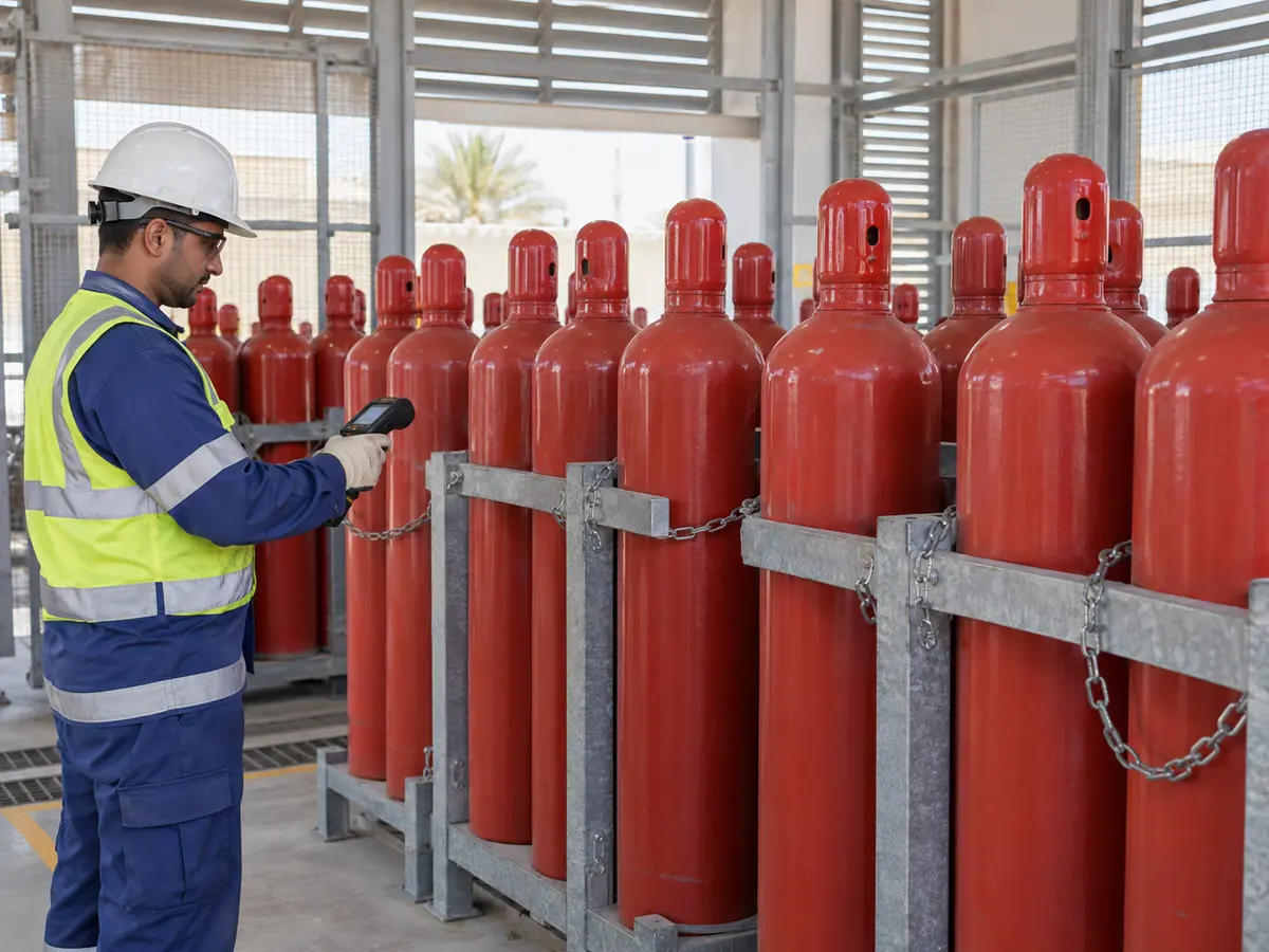 Acetylene cylinders secured in a ventilated warehouse rack
