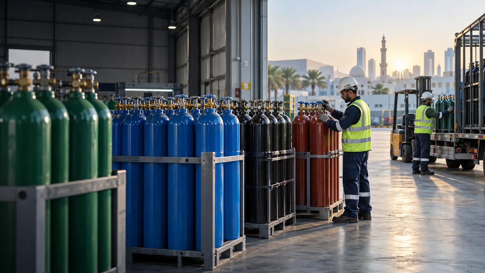 Industrial gas cylinders prepared at an Ajman warehouse