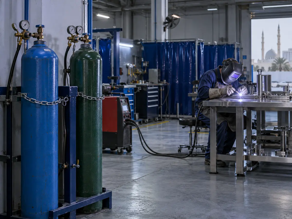 Nitrogen and argon cylinders beside a controlled welding area