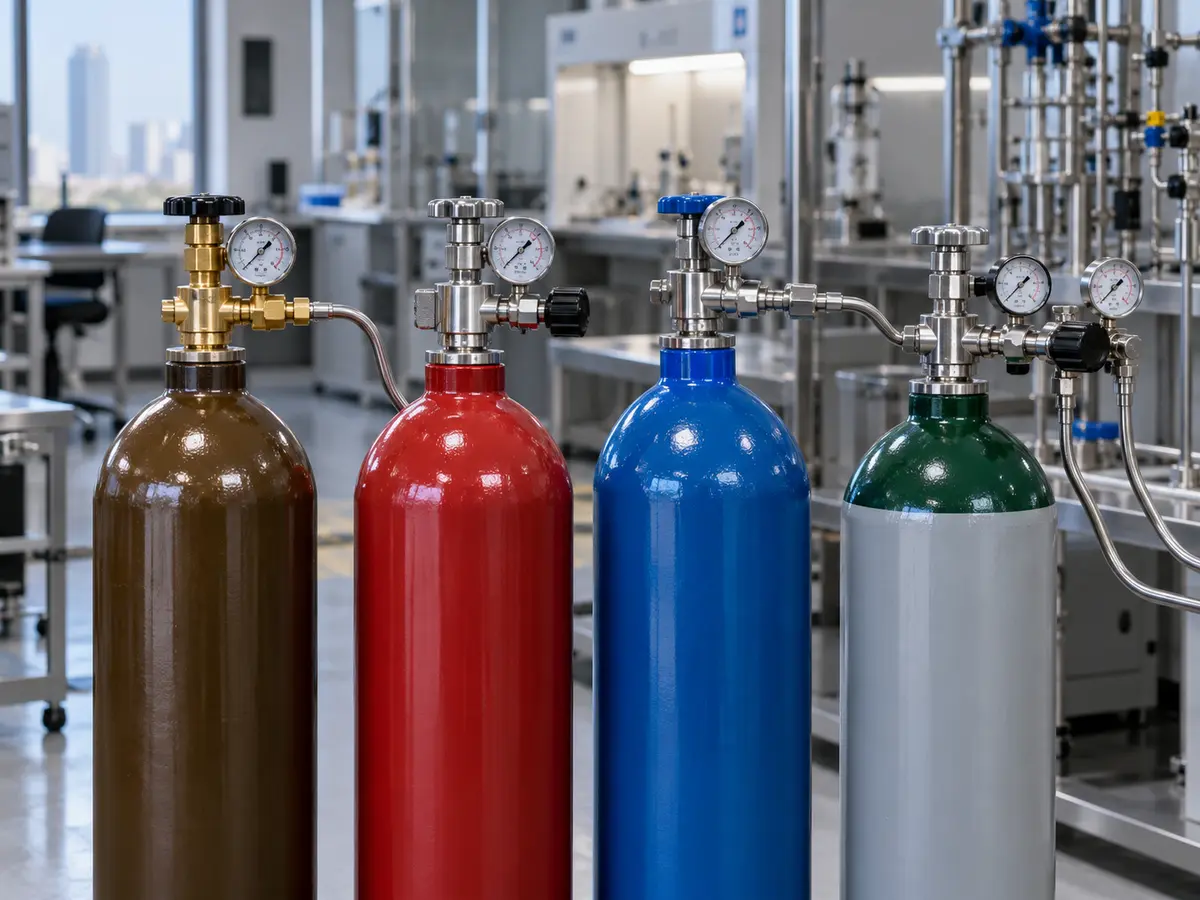 Assorted specialty gas cylinders and regulators